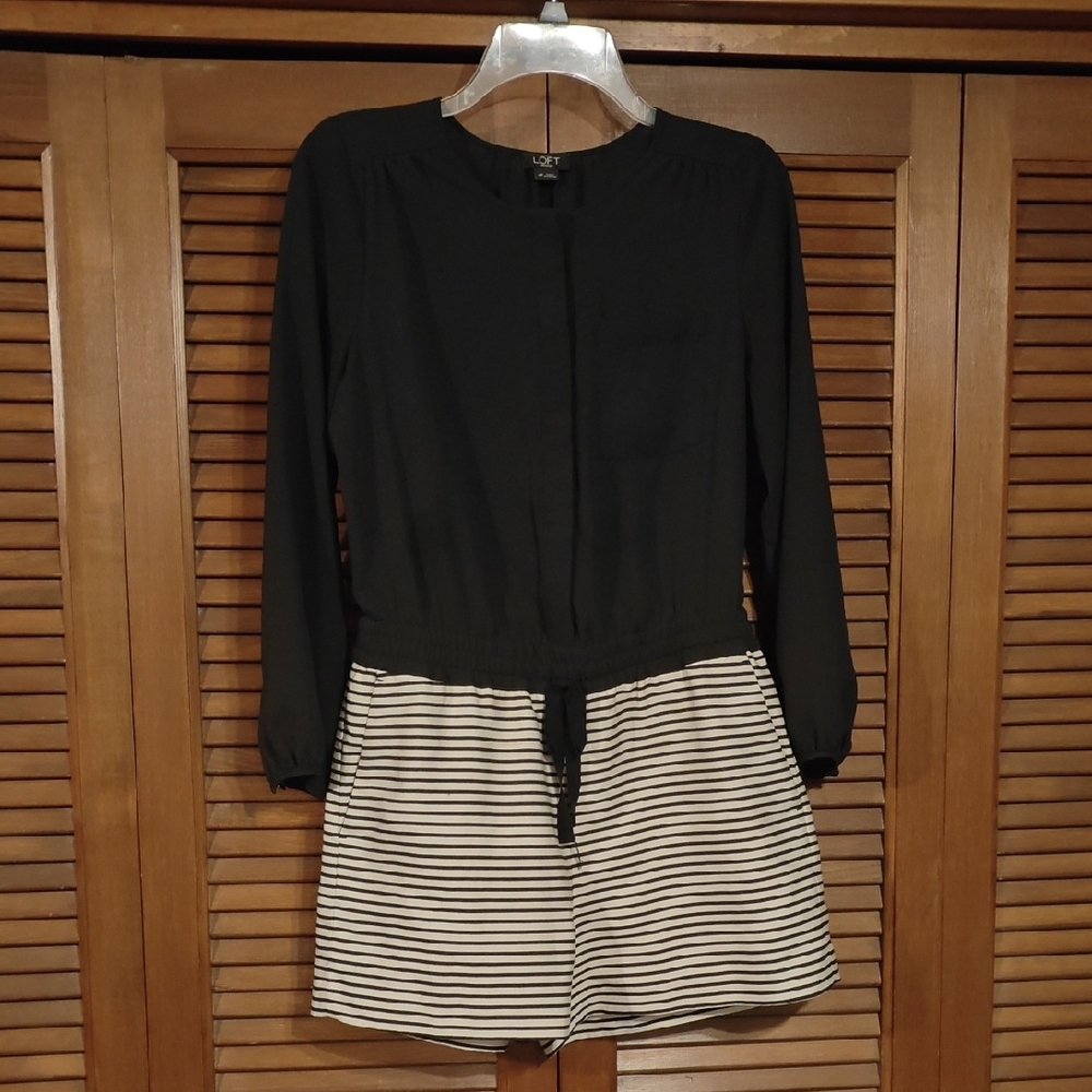 LOFT Black Top with Cream Striped Shorts Romper